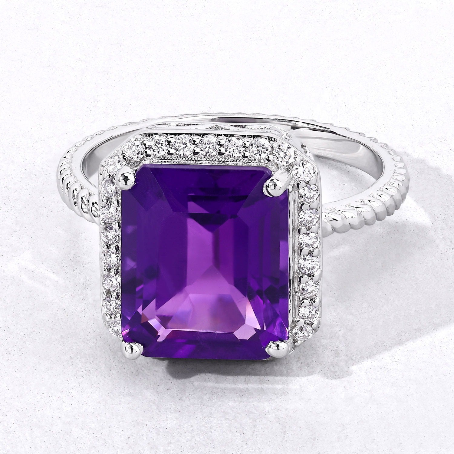 4.03 Ct Genuine Purple Amethyst and Lab Diamond Silver Halo Statement Ring Fine Color Jewels