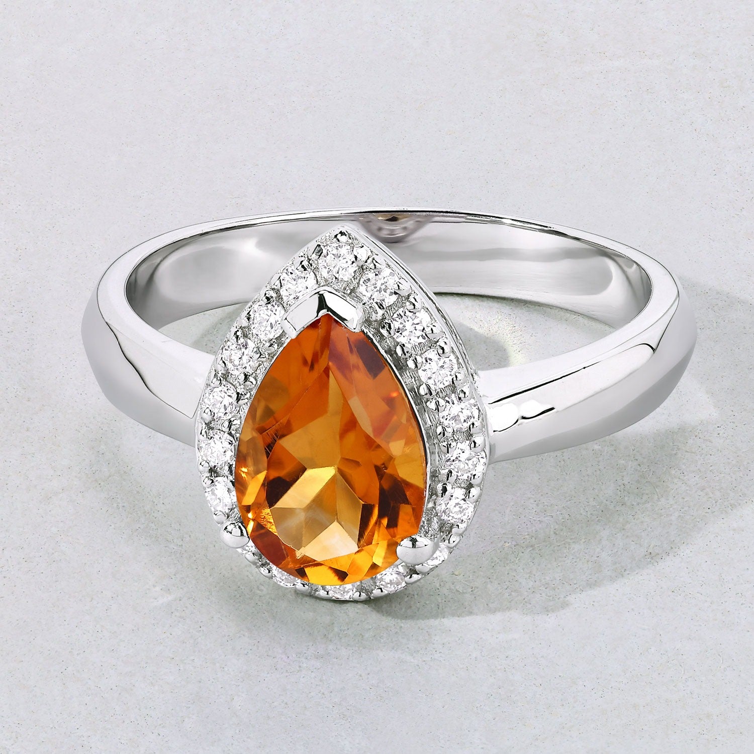 1.05 Ct Pear Yellow Madeira Citrine and Lab Diamond Prong Silver Halo Ring