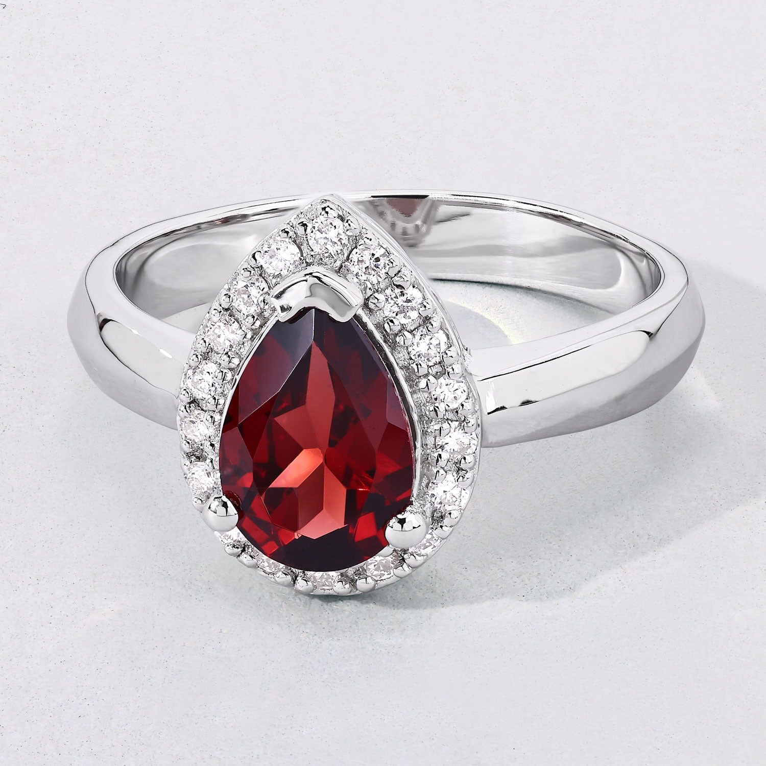 1.48 Ct Genuine Red Garnet and Lab Diamond Silver Halo Engagement Ring
