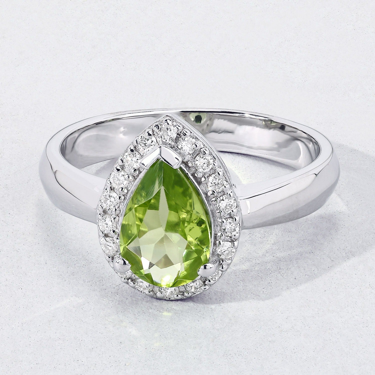 1.10 Ct Pear Green Peridot & Lab Diamond Prong Silver Halo Engagement Ring