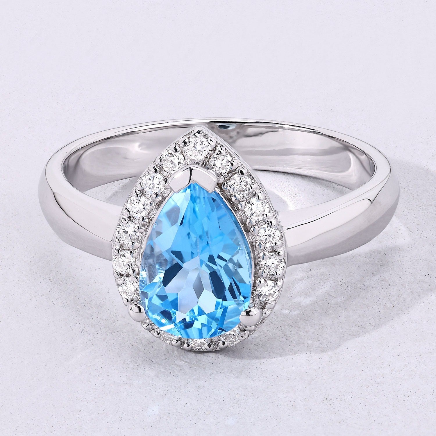 1.48 Ct Genuine Swiss Blue Topaz and Lab Diamond Halo Engagement Ring Silver