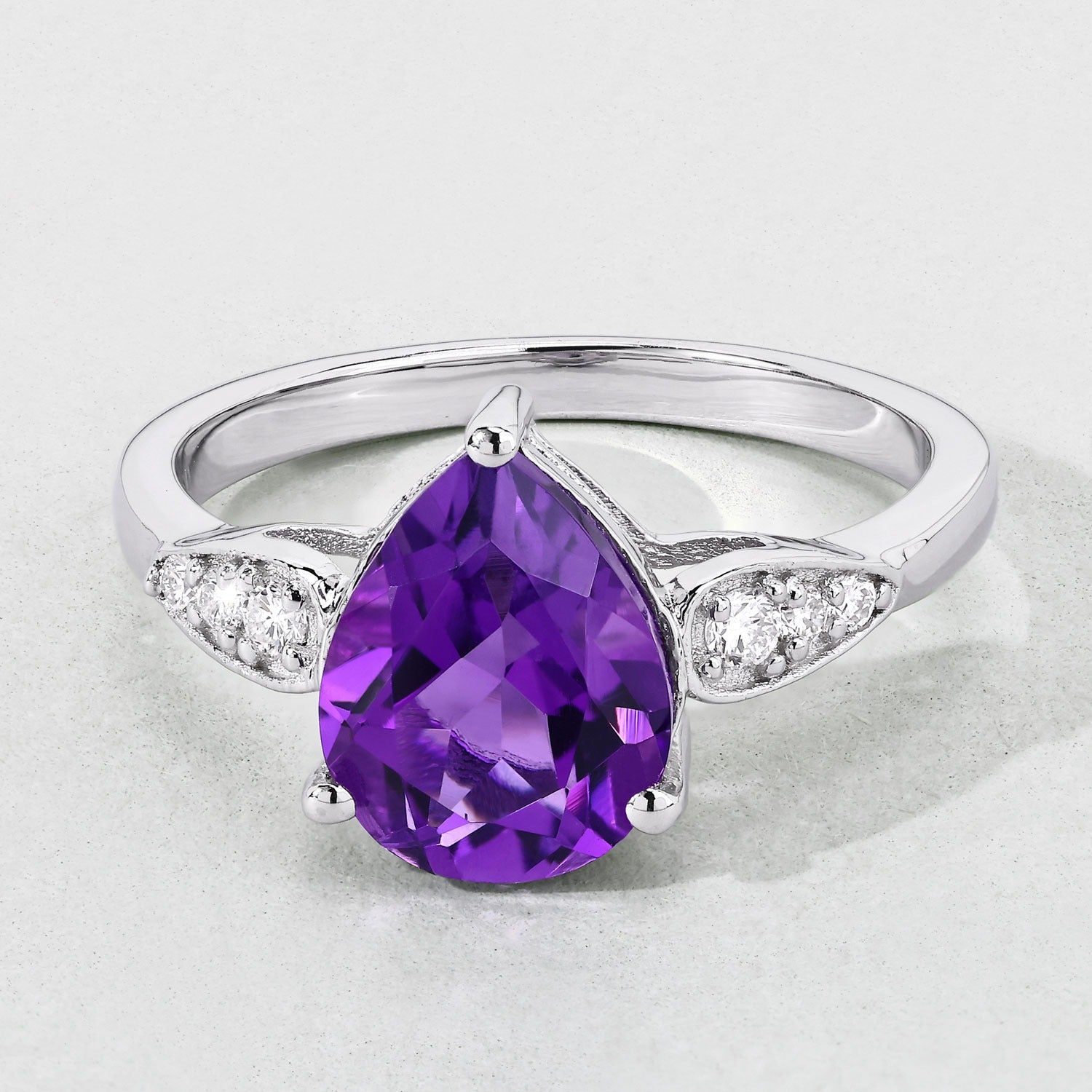 2.21 Ct Genuine Purple Amethyst Pear Shaped and Lab Diamond Silver Ring