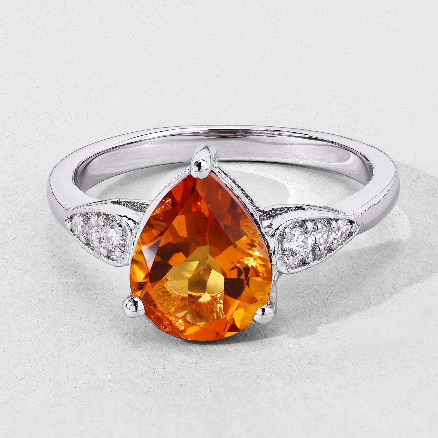 1.61 Ct Genuine Pear Citrine and Lab Grown Diamond Silver Ring