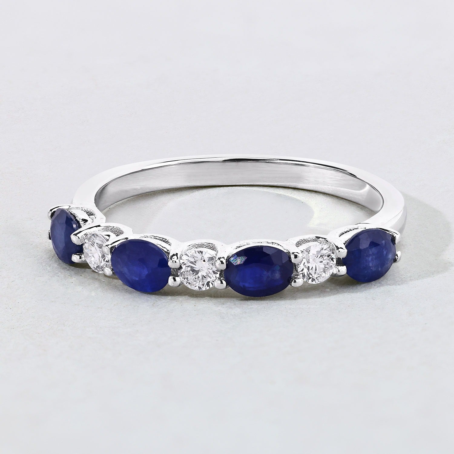 1.06 Ct Genuine Blue Sapphire and Lab Diamond Eternity Silver Ring