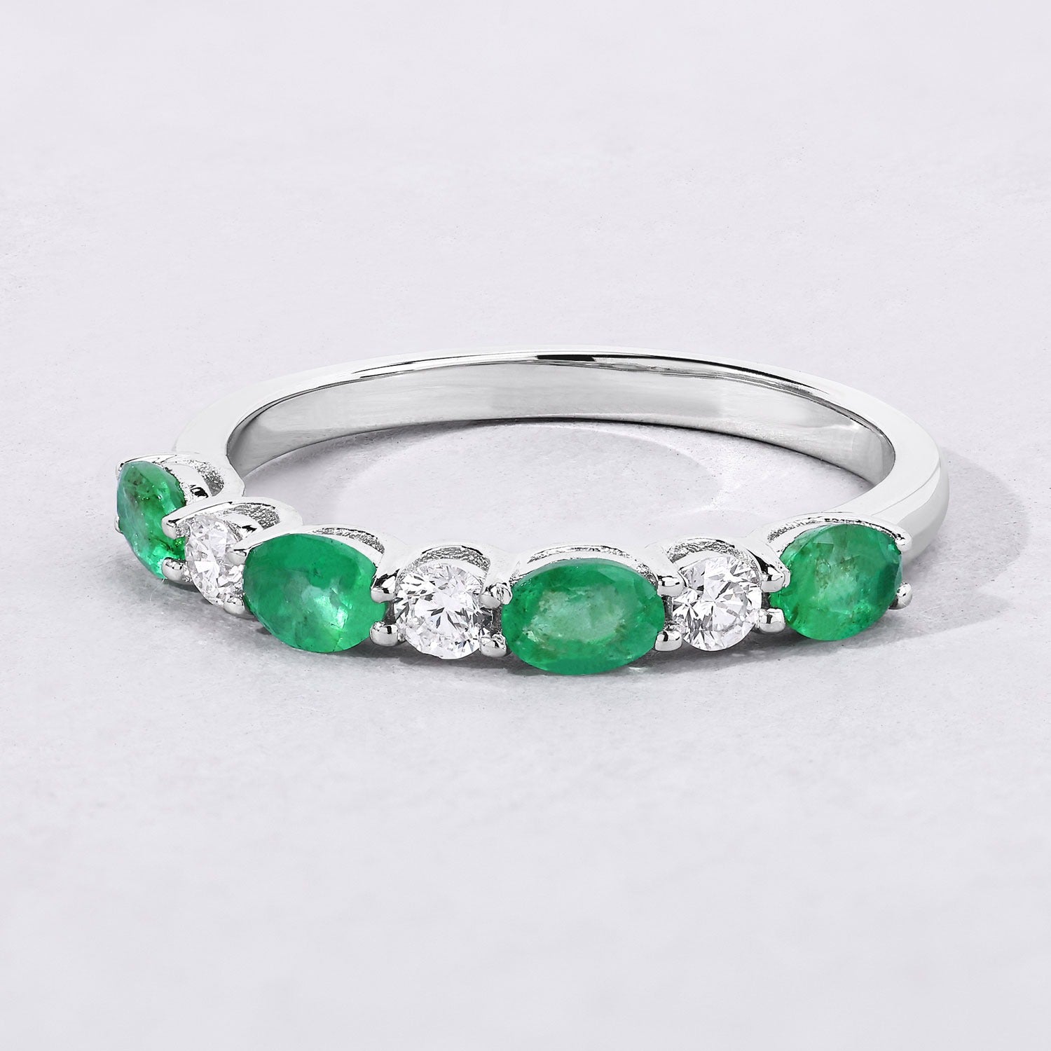 0.78 Ct Genuine Green Emerald and Lab Diamond Eternity Silver Ring