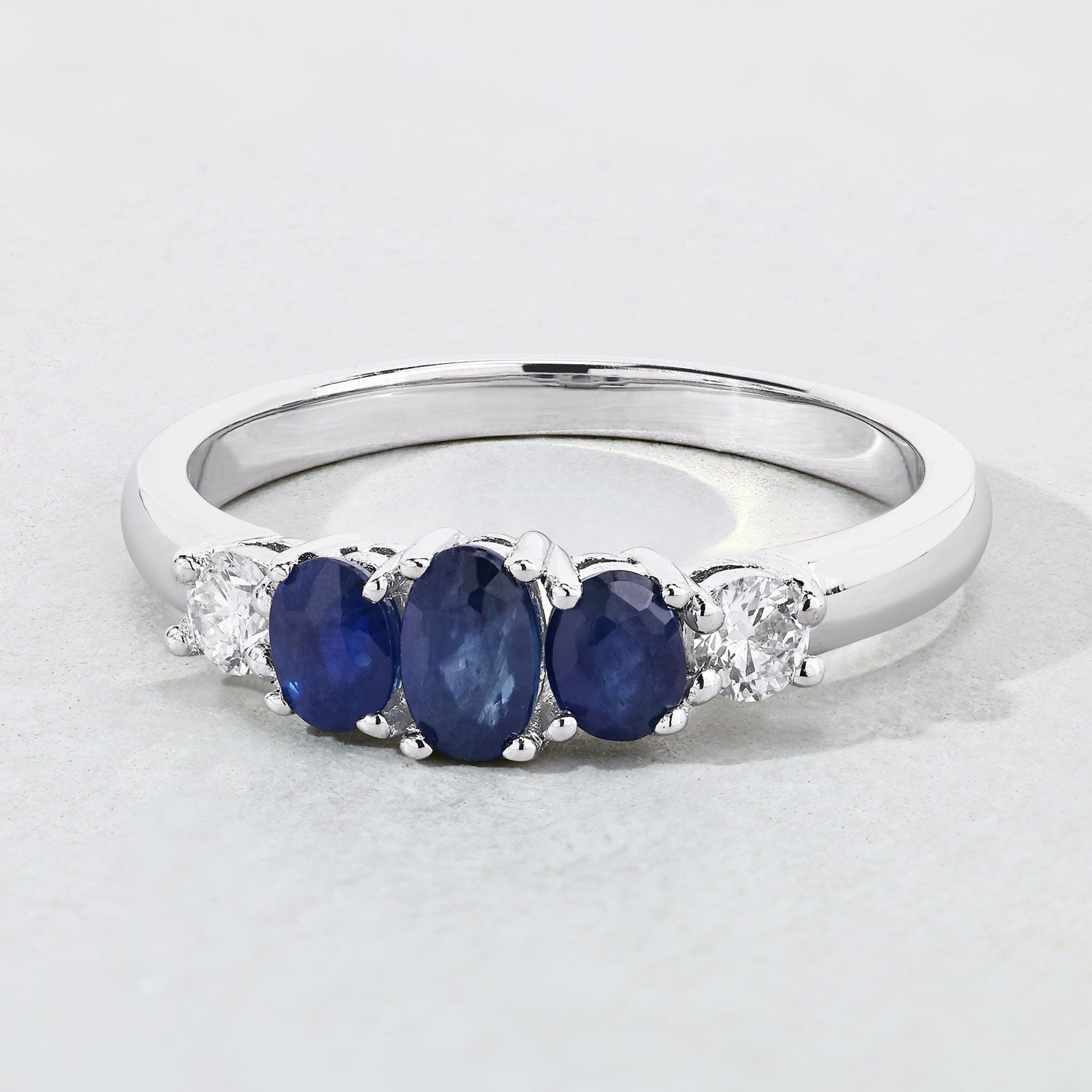 0.91 Ct Genuine Blue Sapphire and Lab Diamond 5 Stone Silver Ring