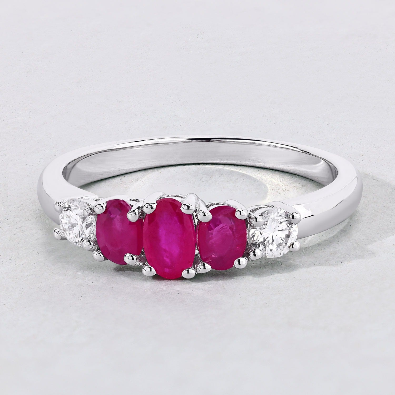 0.84 Ct Genuine Pink Ruby and Lab Diamond 5 Stone Silver Ring