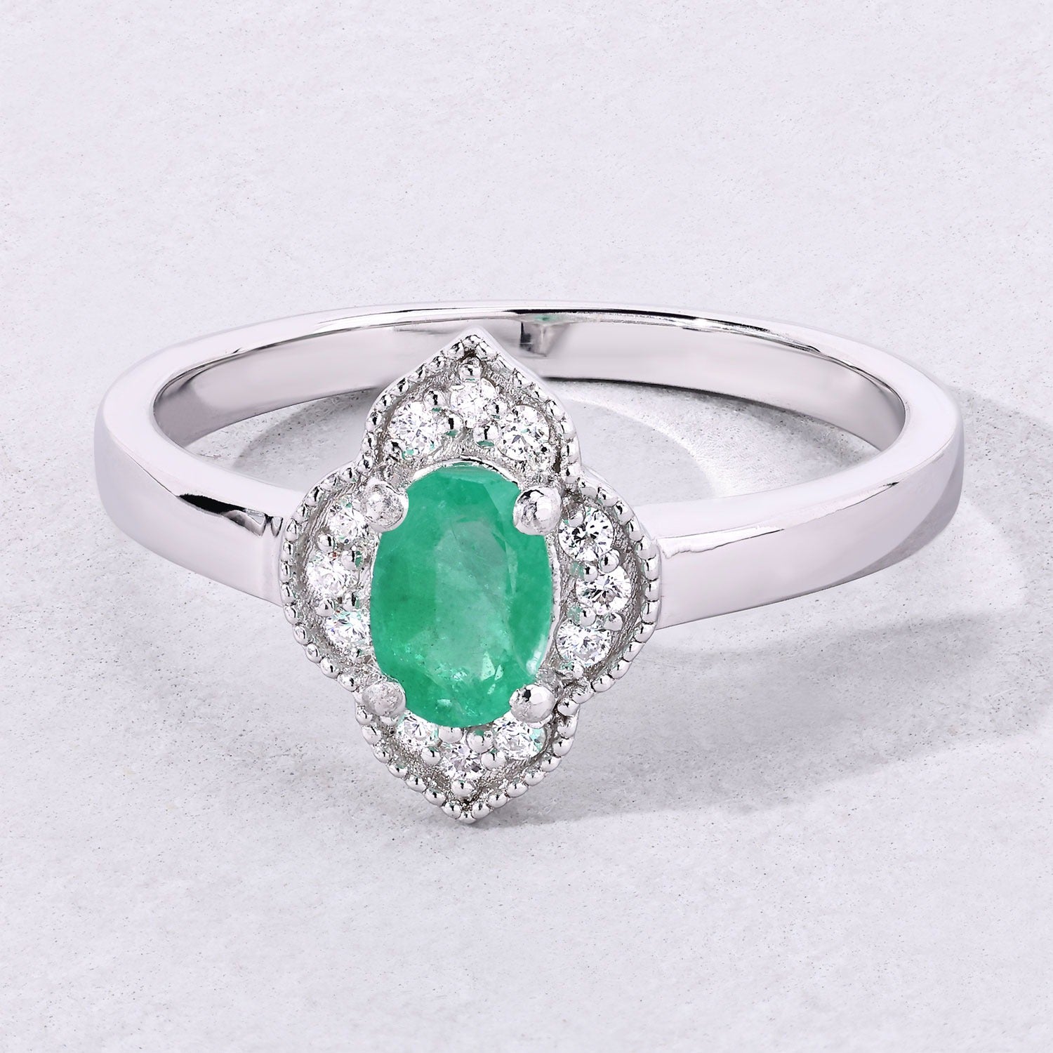 0.53 Ct Genuine Zambian Emerald and Lab Diamond Silver Halo Floral Ring