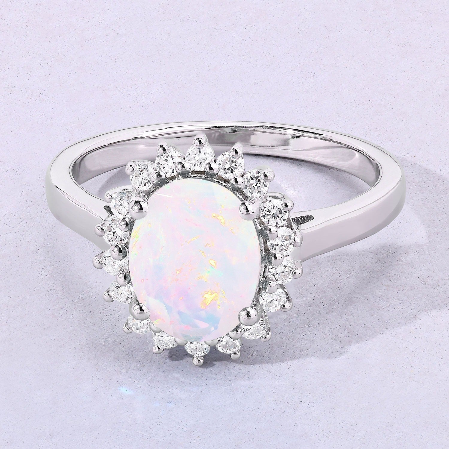 1.17 Ct Genuine Ethiopian Opal and Lab Grown Diamond Silver Halo Ring