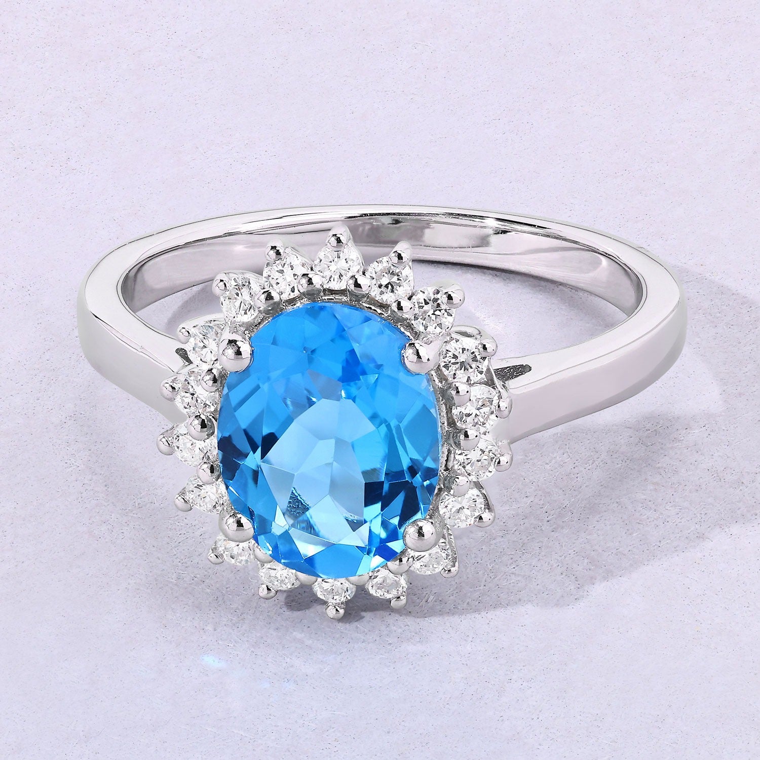 2.27 Ct Genuine Swiss Blue Topaz and Lab Diamond Silver Halo Ring