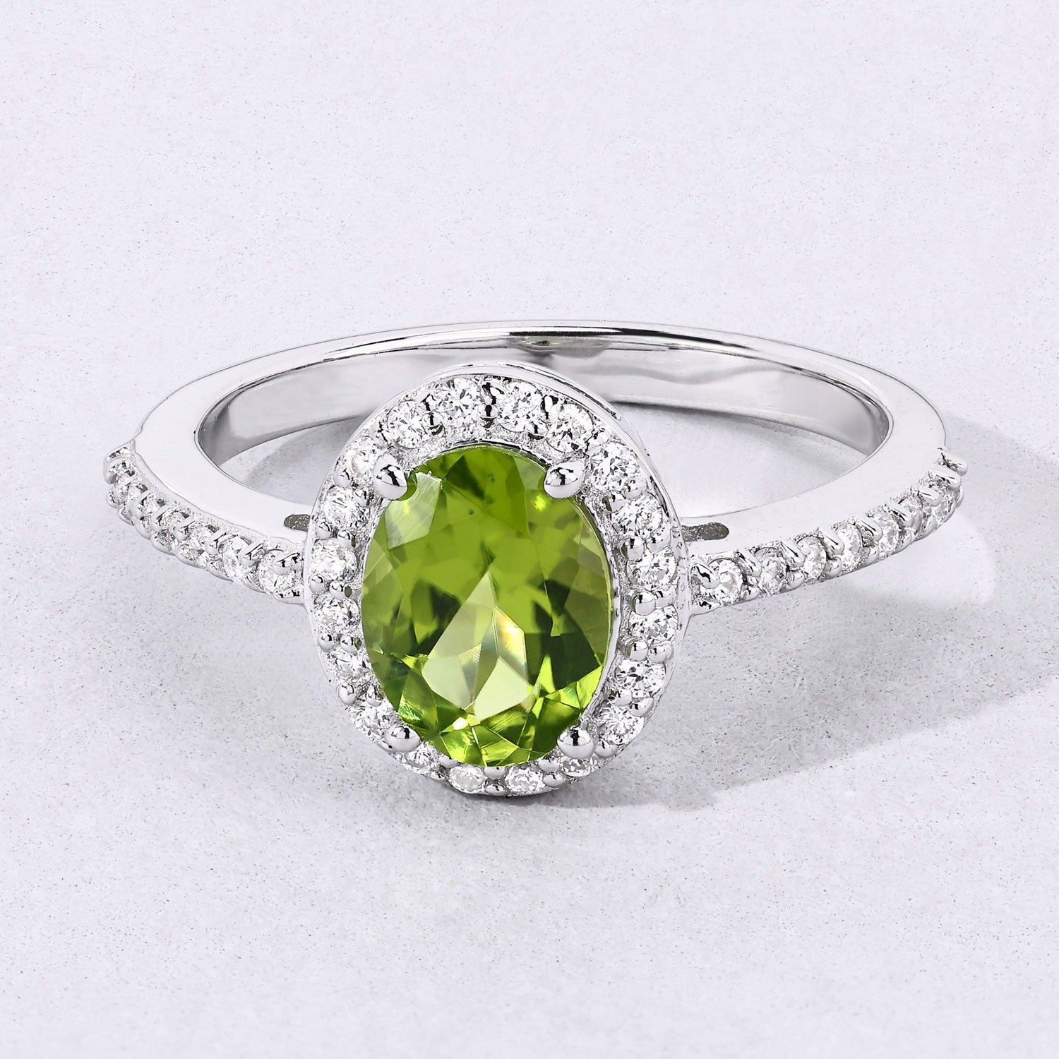 1.37 Ct Genuine Peridot and Lab Diamond Pave Silver Halo Ring