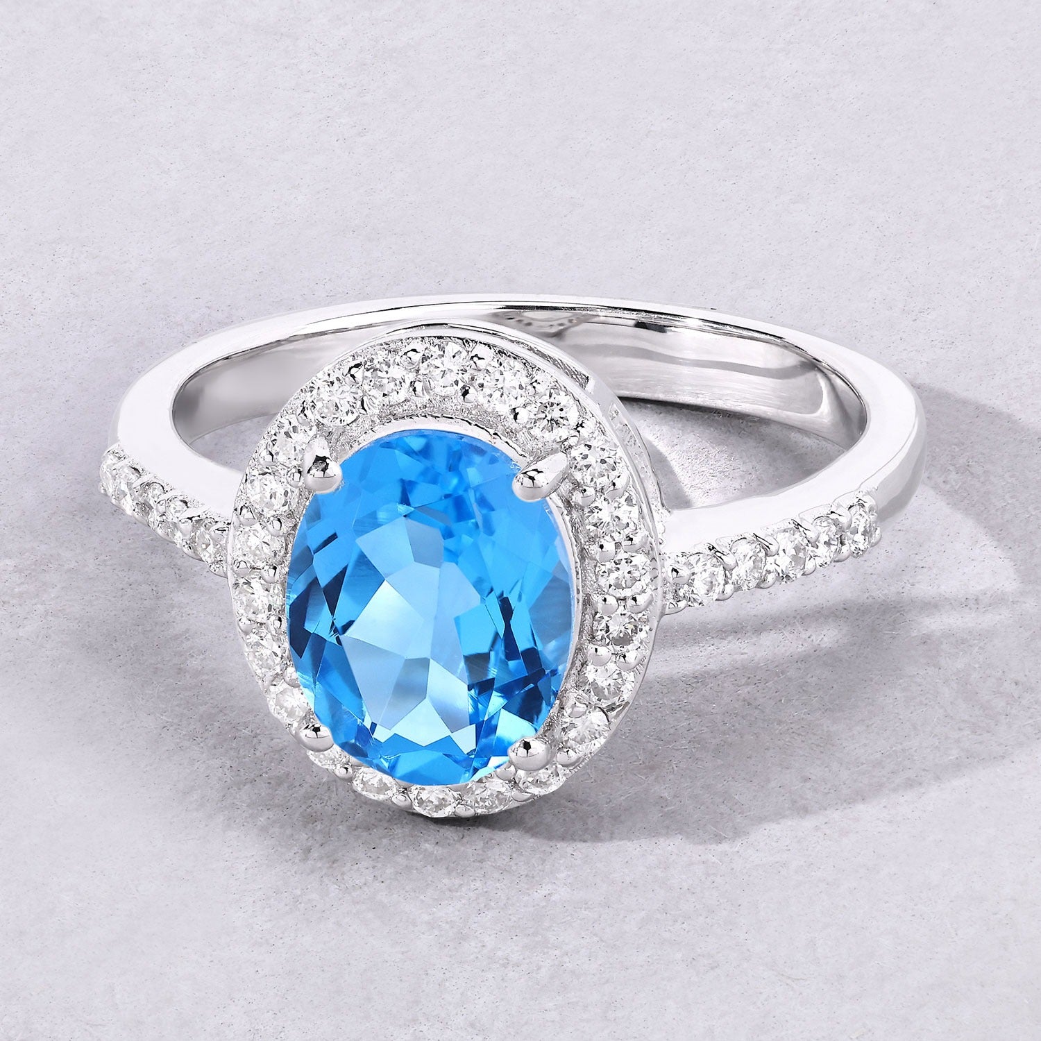2.32 Ct Genuine Swiss Blue Topaz and Lab Diamond Silver Halo Ring