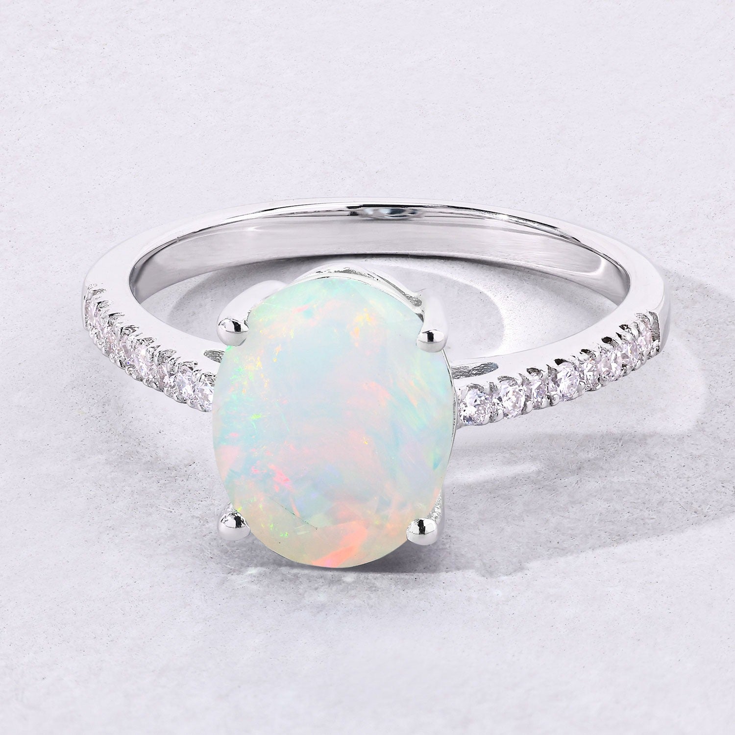 1.72 Ct Genuine Oval Ethiopian Opal and Lab Diamond Silver Pave Ring