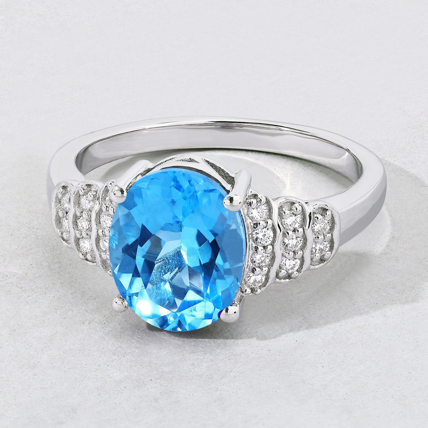 2.69 Ct Genuine Swiss Blue Topaz and Lab Grown Diamond Silver Ring