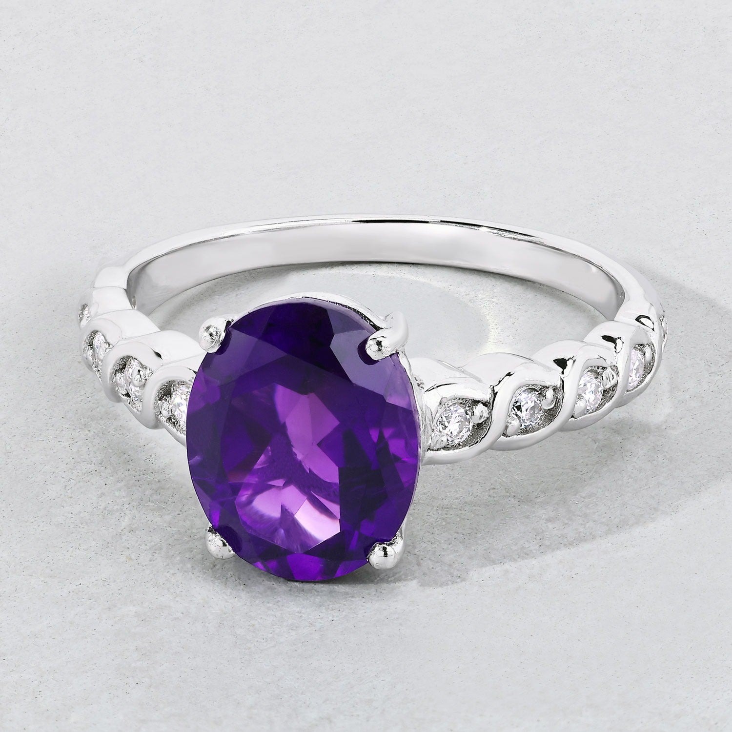 2.35 Ct Genuine Amethyst and Lab Diamond Silver Bridge Ring Fine Color Jewels