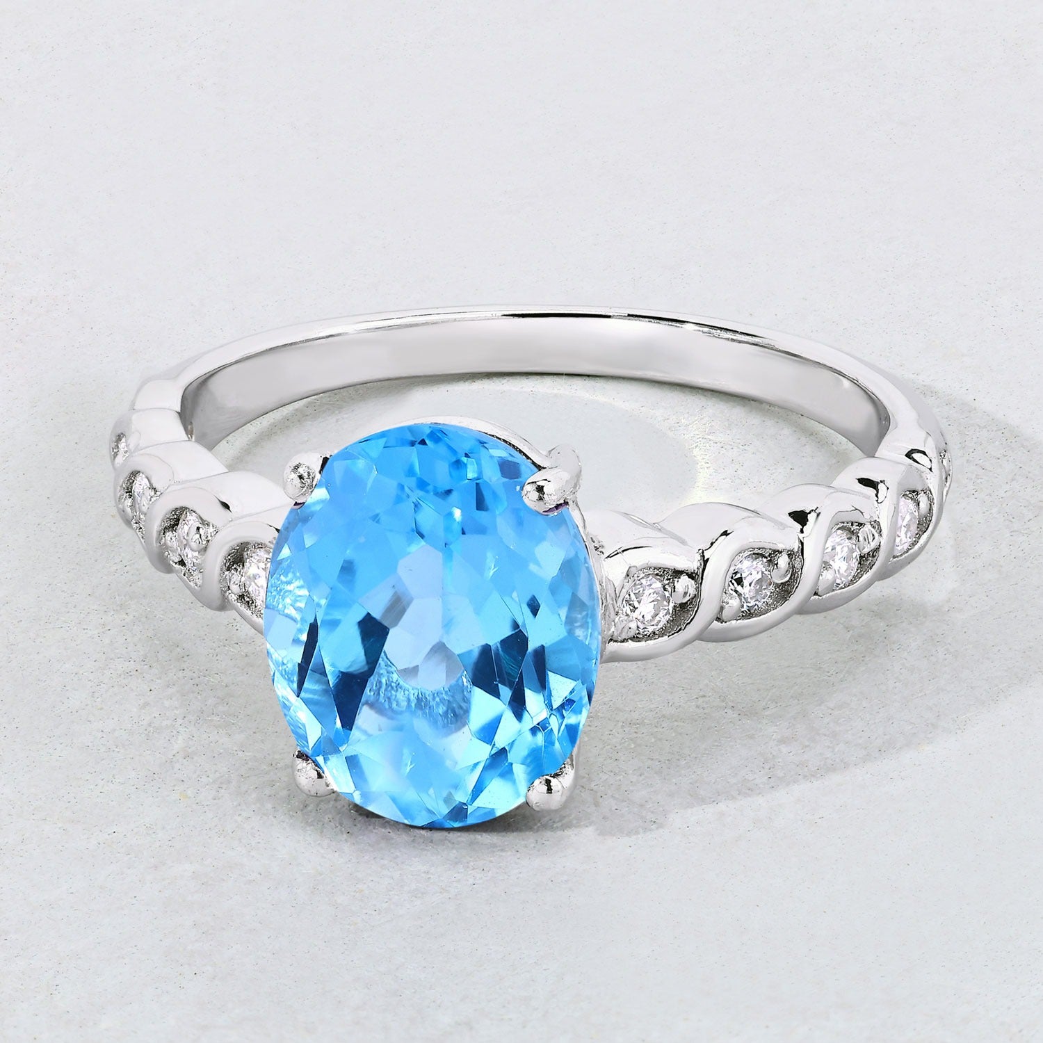 2.70 Ct Genuine Swiss Blue Topaz and Lab Diamond Silver Bridge Ring Fine Color Jewels