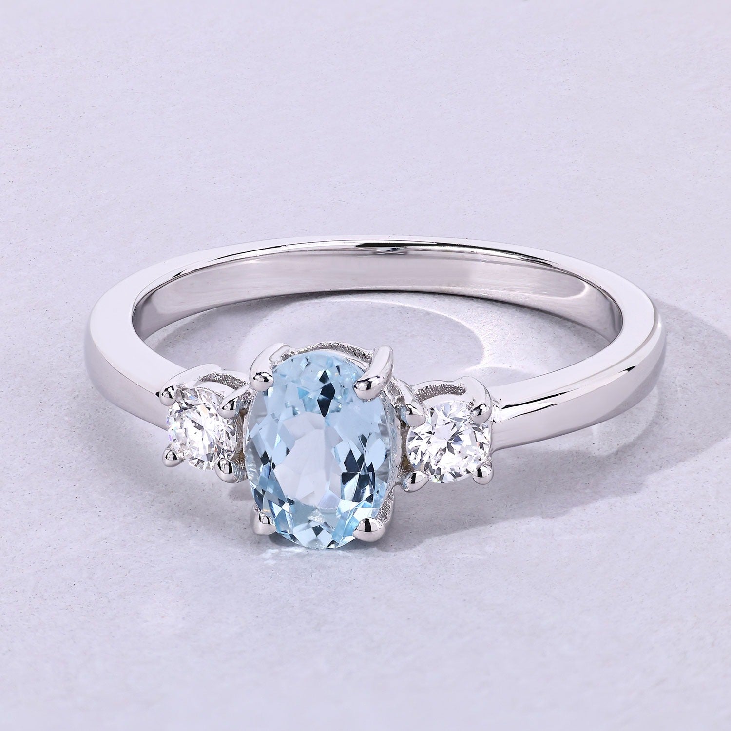 0.80 Ct Genuine Aquamarine and Lab Diamond Silver Oval Trilogy Ring Fine Color Jewels