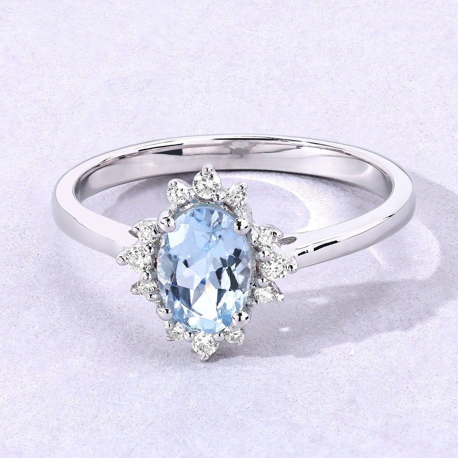 0.72 Ct Genuine Oval Aquamarine and Lab Grown Diamond Silver Halo Ring Fine Color Jewels