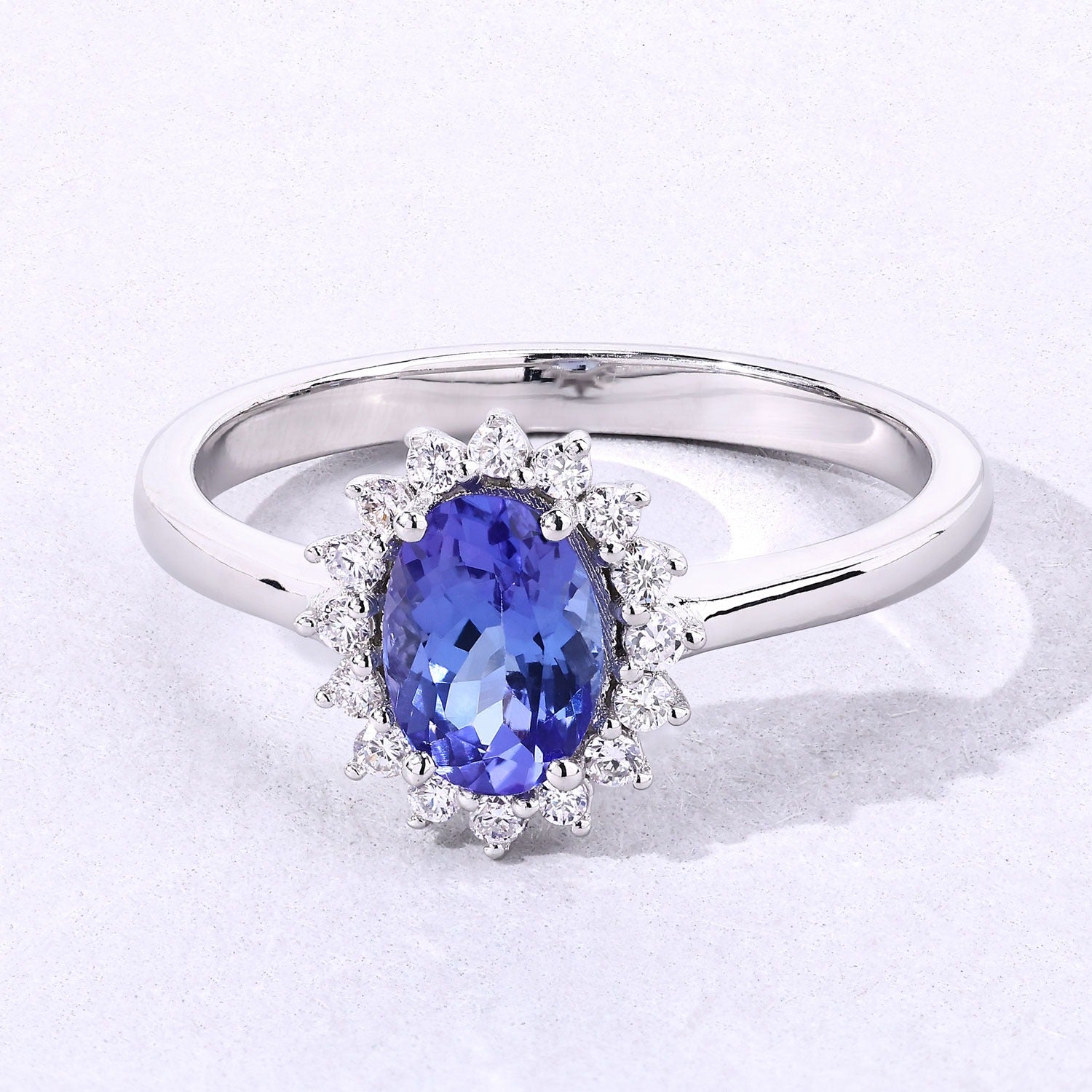 0.91 Ct Genuine Oval Tanzanite and Lab Diamond Silver Halo Ring Fine Color Jewels