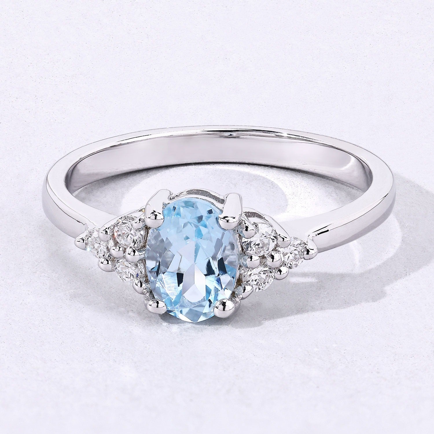 0.75 Ct Genuine Aquamarine and Lab Diamond Silver Oval Cocktail Ring Fine Color Jewels