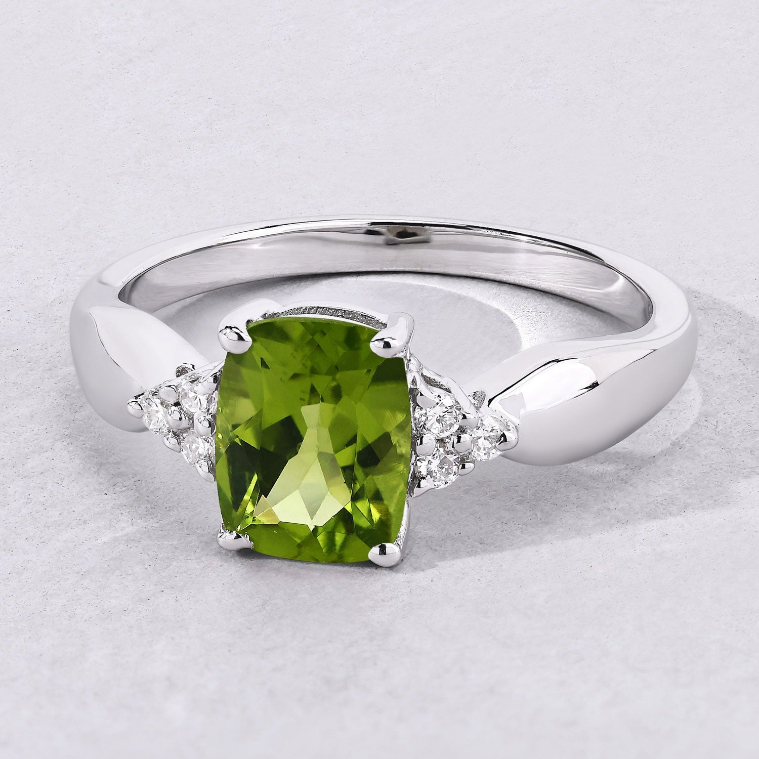 1.49 Ct Genuine Peridot and Lab Diamond Silver Cushion Cut Cocktail Ring Fine Color Jewels