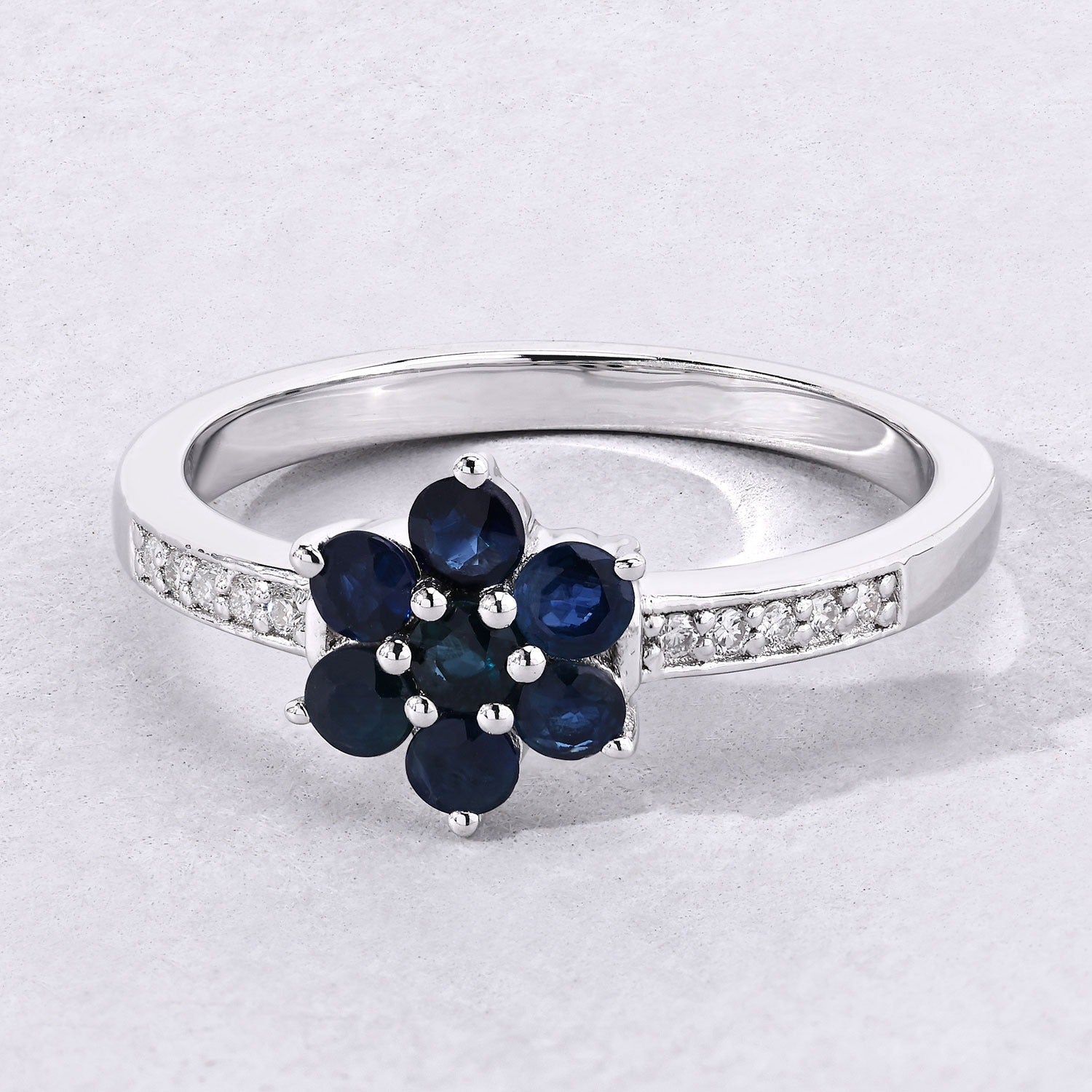 0.55 Ct Genuine Blue Sapphire and Lab Diamond Silver Floral Ring Fine Color Jewels