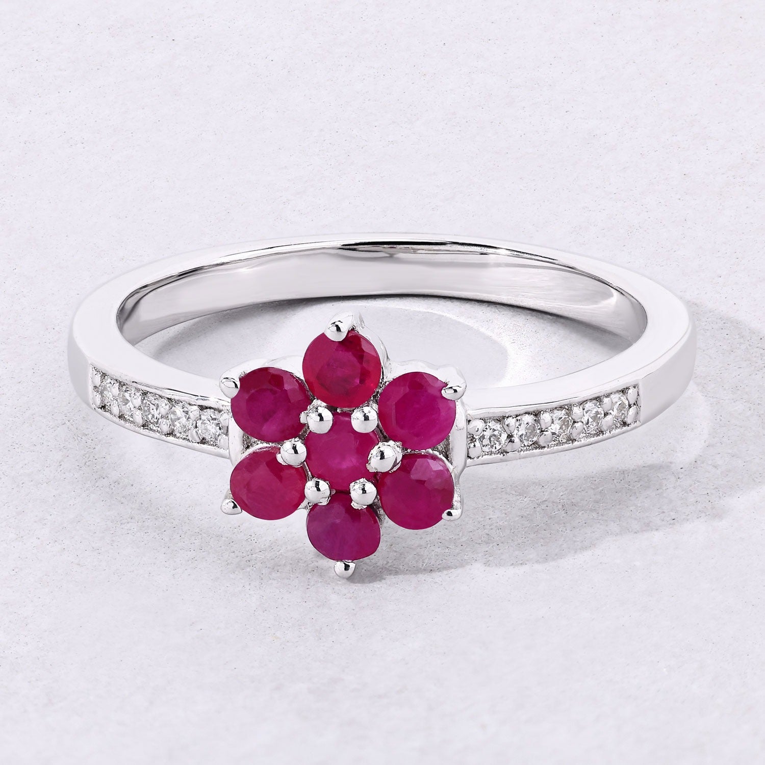 0.55 Ct Genuine Mozambique Ruby and Lab Diamond Silver Floral Ring Fine Color Jewels