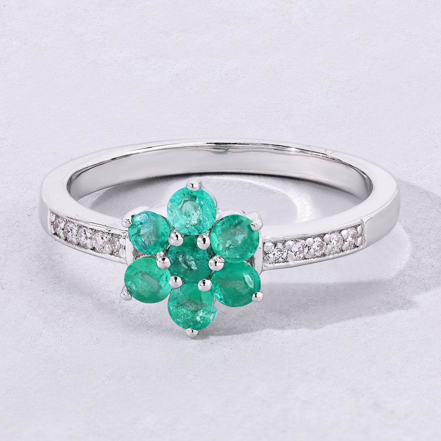 0.48 Ct Genuine Zambian Emerald and Lab Diamond Silver Floral Ring Fine Color Jewels