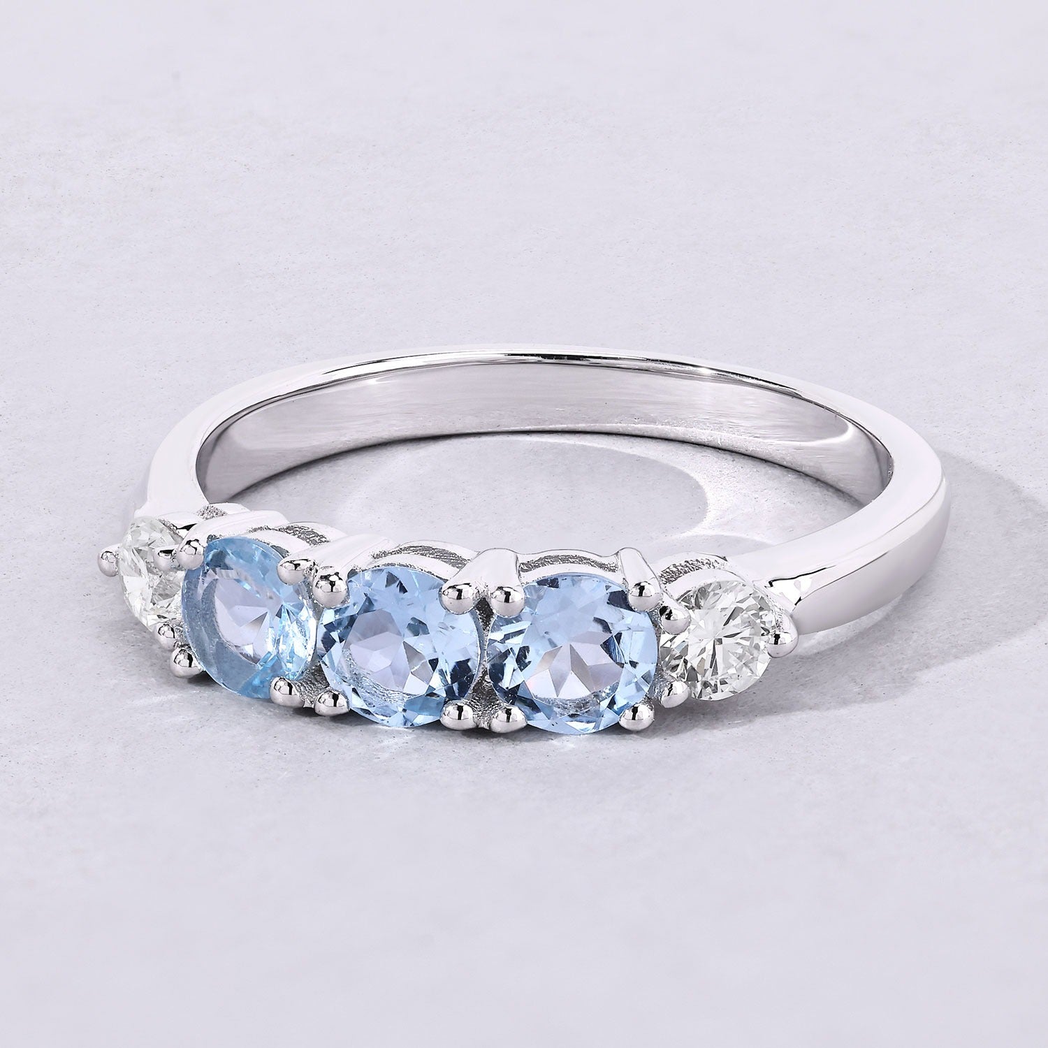 0.88 Ct Genuine Aquamarine and Lab Diamond Silver 5 Stone Ring Fine Color Jewels