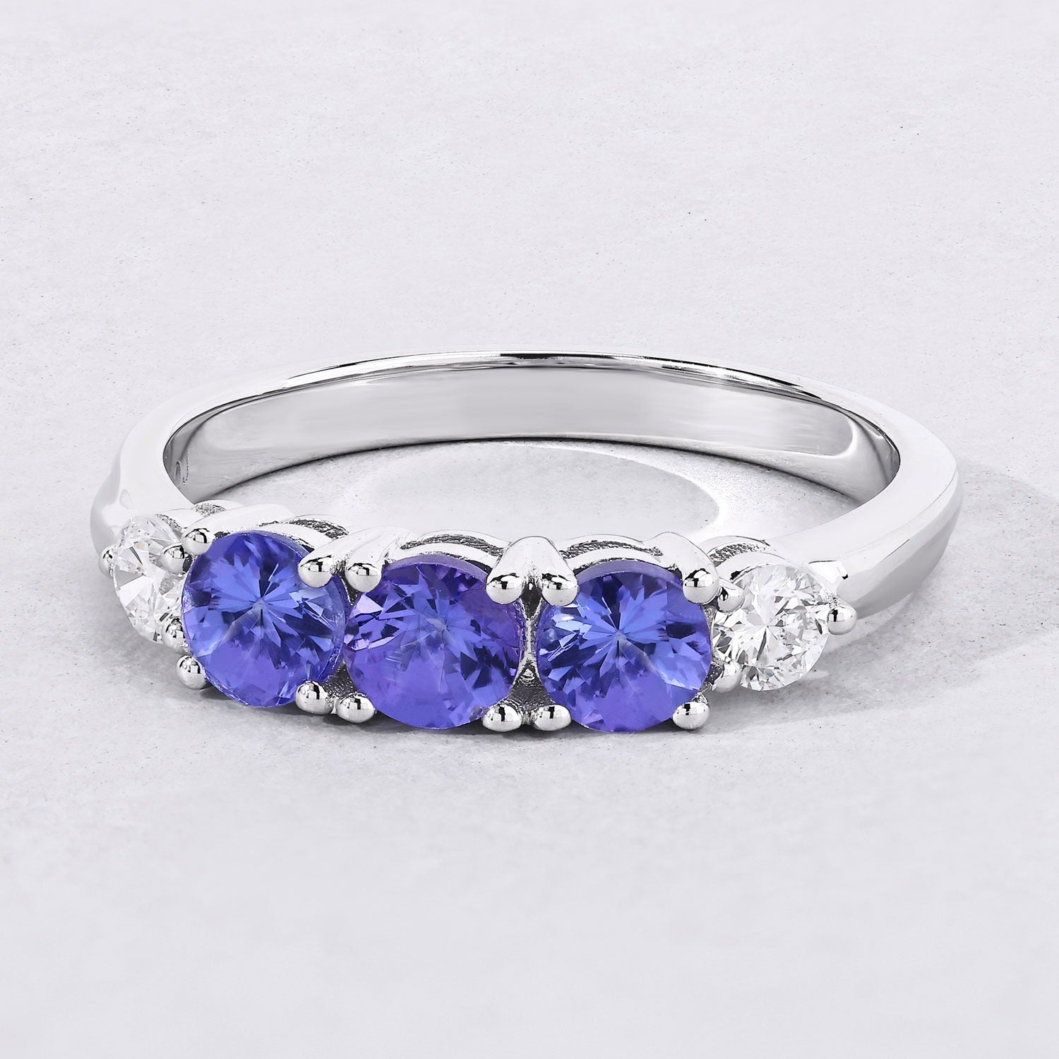 0.91 Ct Genuine Tanzanite and Lab Diamond Silver 5 Stone Ring Fine Color Jewels