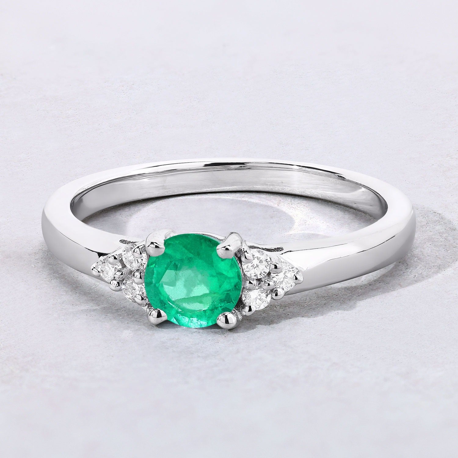 0.51 Ct Genuine Zambian Emerald and Lab Diamond Silver Round Ring