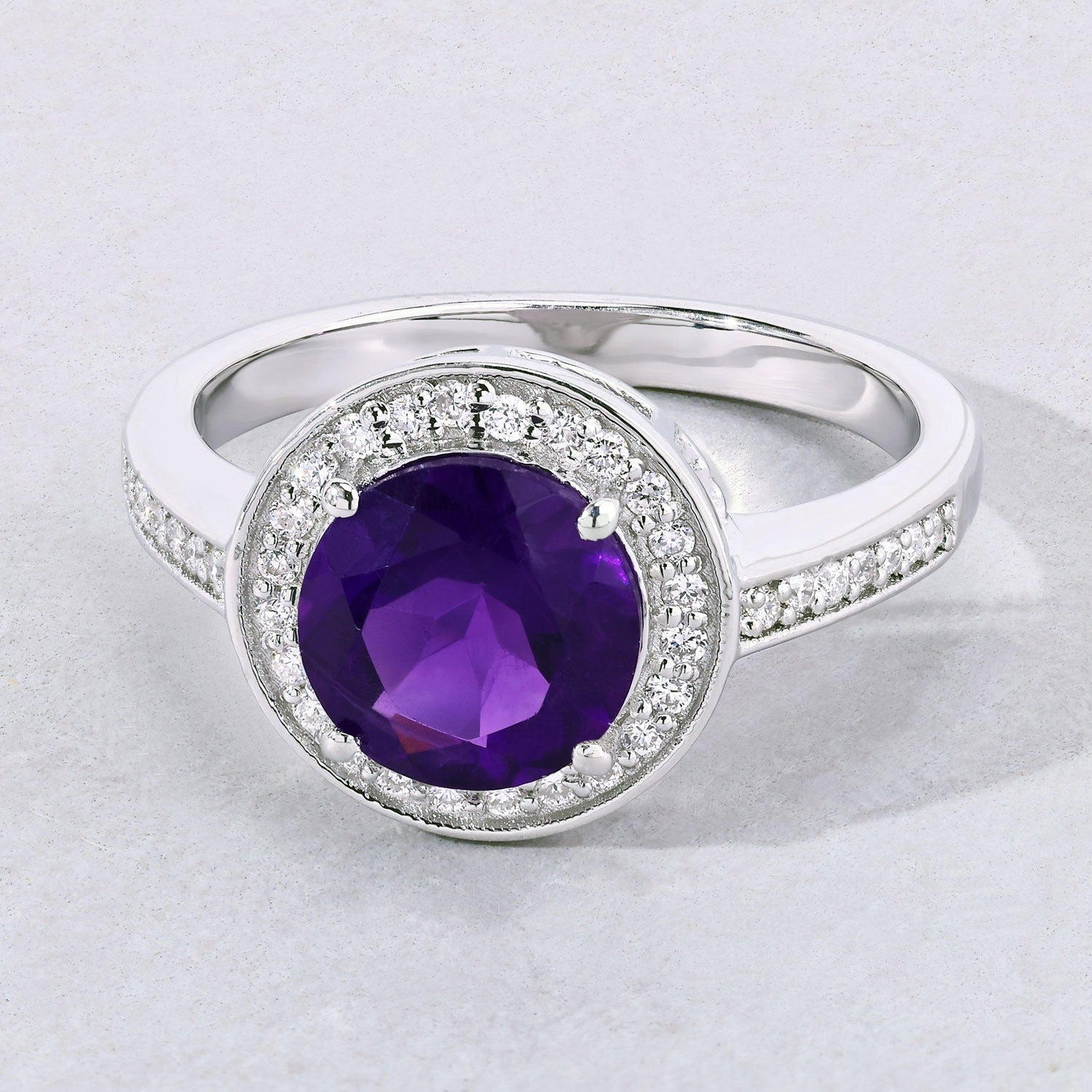 2.01 Ct Genuine Purple Amethyst and Lab Diamond Silver Halo Ring