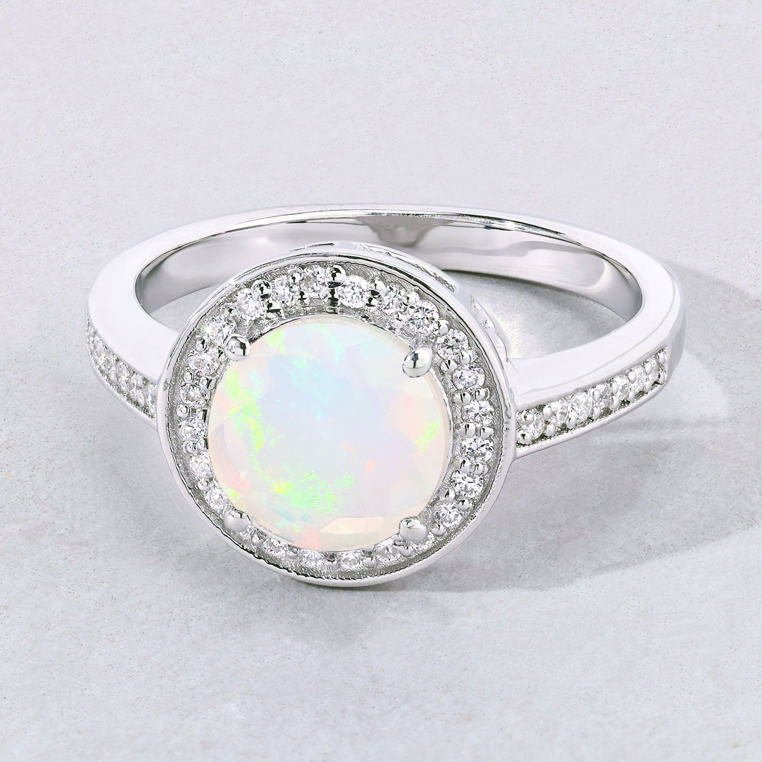 1.11 Ct Genuine Ethiopian Opal and Lab Diamond Silver Halo Ring