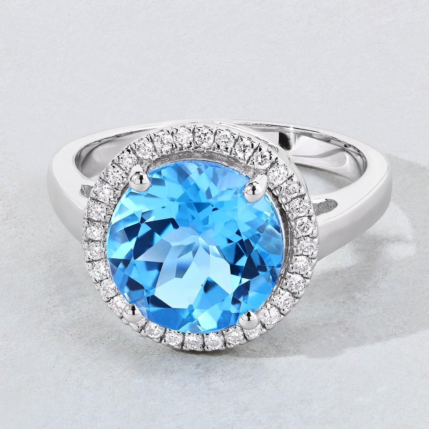 4.19 Ct Genuine Round Swiss Blue Topaz and Lab Diamond Silver Halo Ring