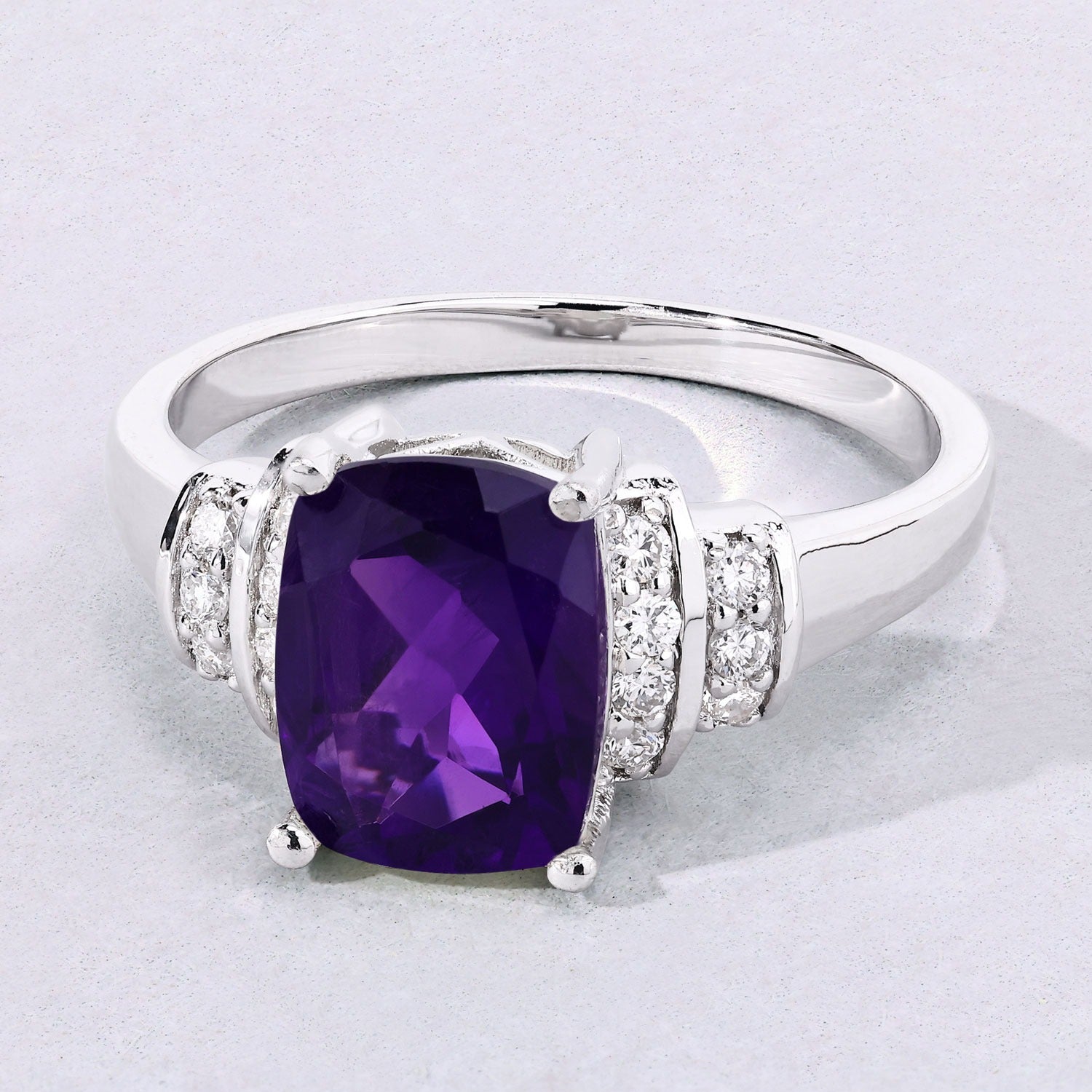 1.63 Ct Genuine Amethyst and Lab Diamond Sterling Silver Cushion Ring