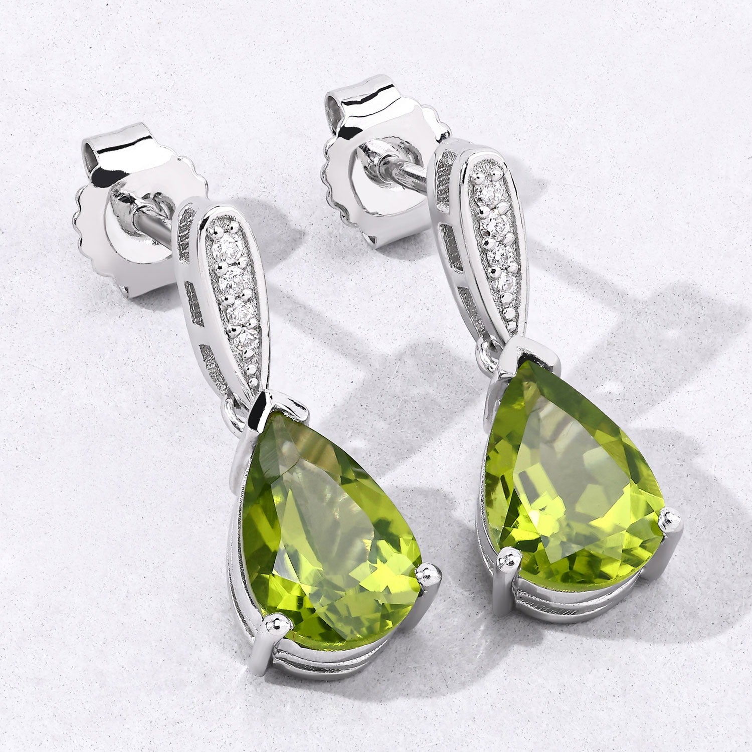Genuine Green Peridot and Lab Grown Diamond Silver Earrings