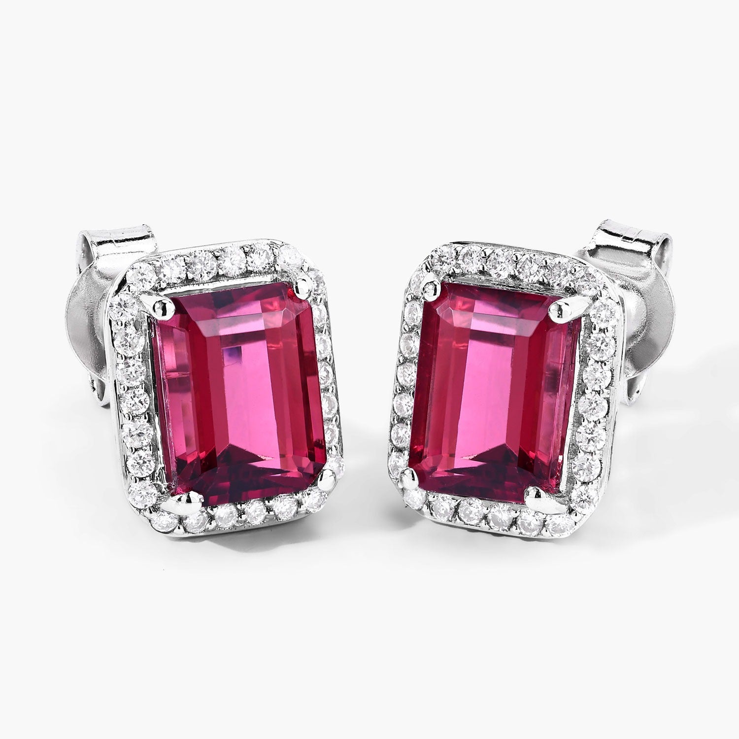 Rubellite and White Diamond 14K White Gold Earrings