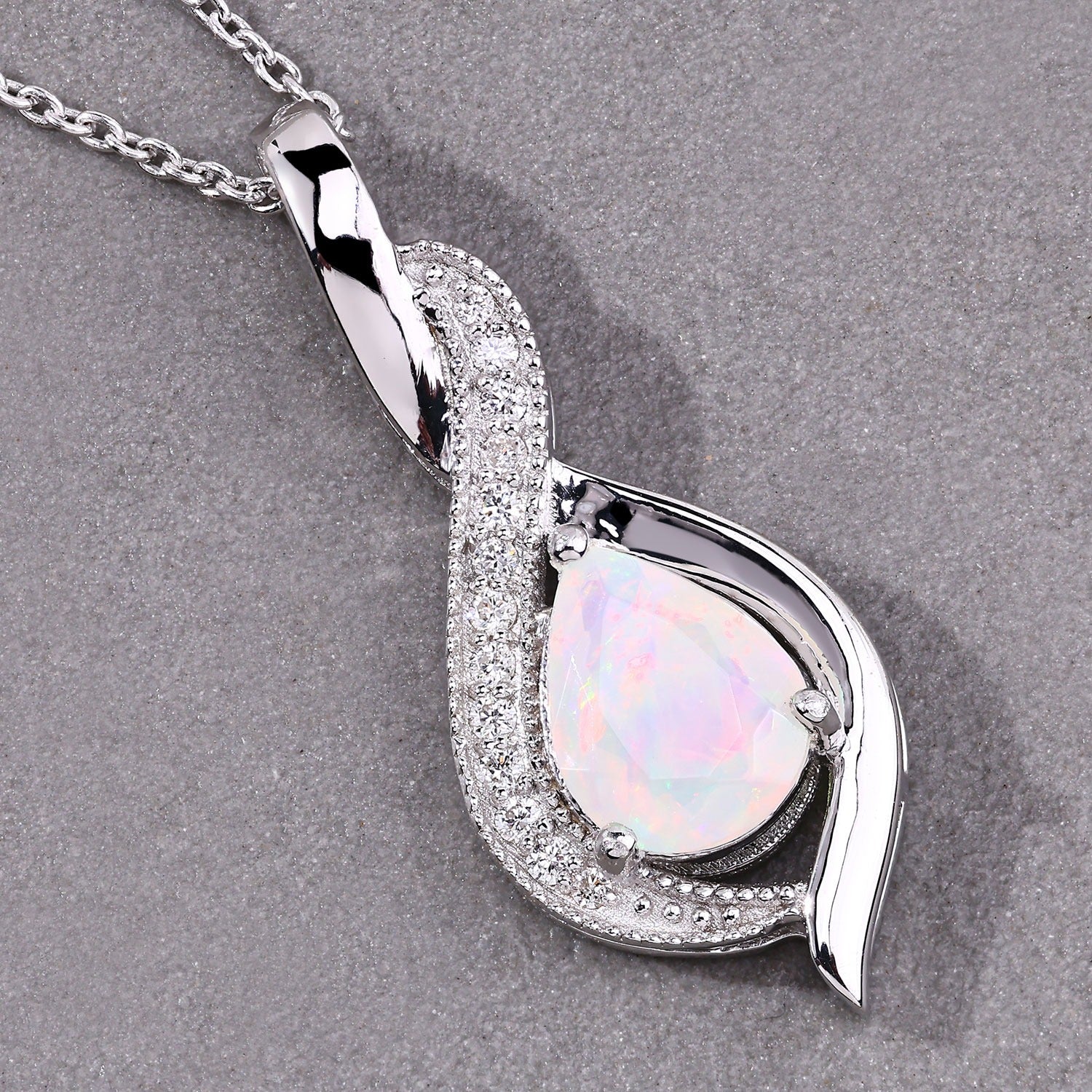 1.02 Ct Genuine Ethiopian Opal and Lab Diamond Silver Teardrop Crossover Pendant Necklace