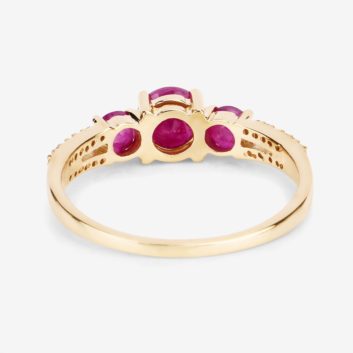1.02 Ct Round Three Stone Pink Ruby and White Diamond Prong 14K Yellow Gold Split Shank Ring