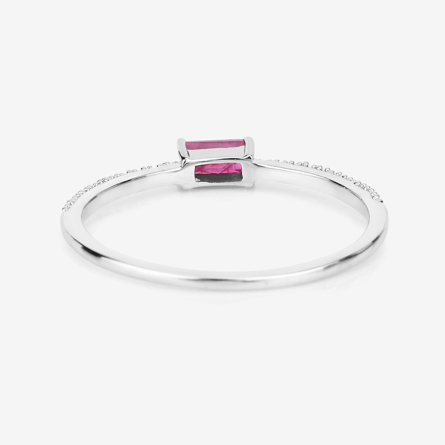 0.22 Ct Baguette Cut Pink Ruby and White Diamond Prong 14K White Gold Bridge Stackable Pave Ring