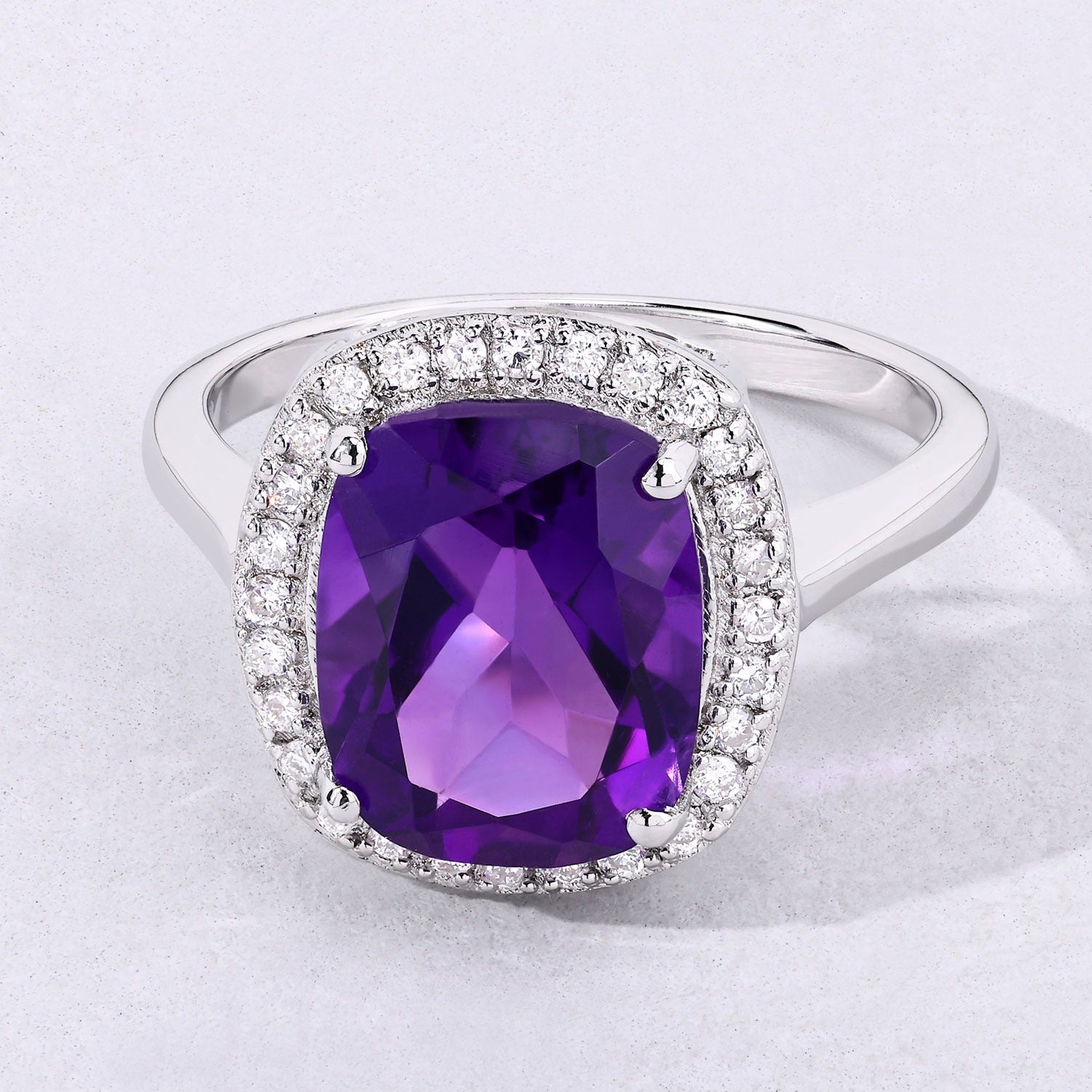 4.01 Ct Genuine Amethyst and Lab Diamond Silver Halo Ring Fine Color Jewels