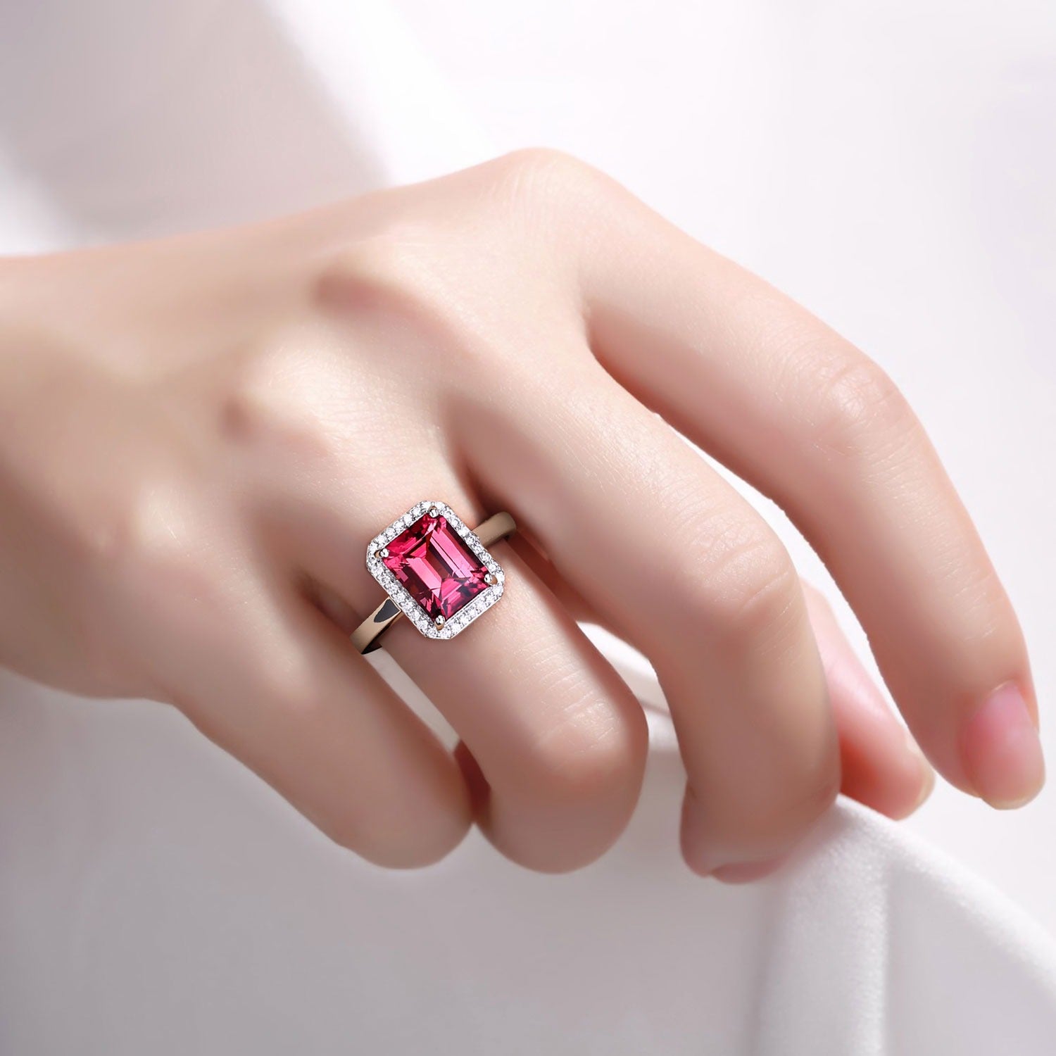 Red Genuine Rubellite and White Diamond 14K Gold Octagon Halo Ring Fine Color Jewels