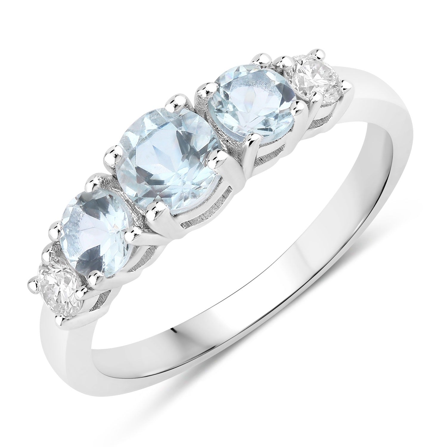 1.04 Ct Genuine Round Aquamarine and Lab Grown Diamond Sterling Silver 5 Stone Ring