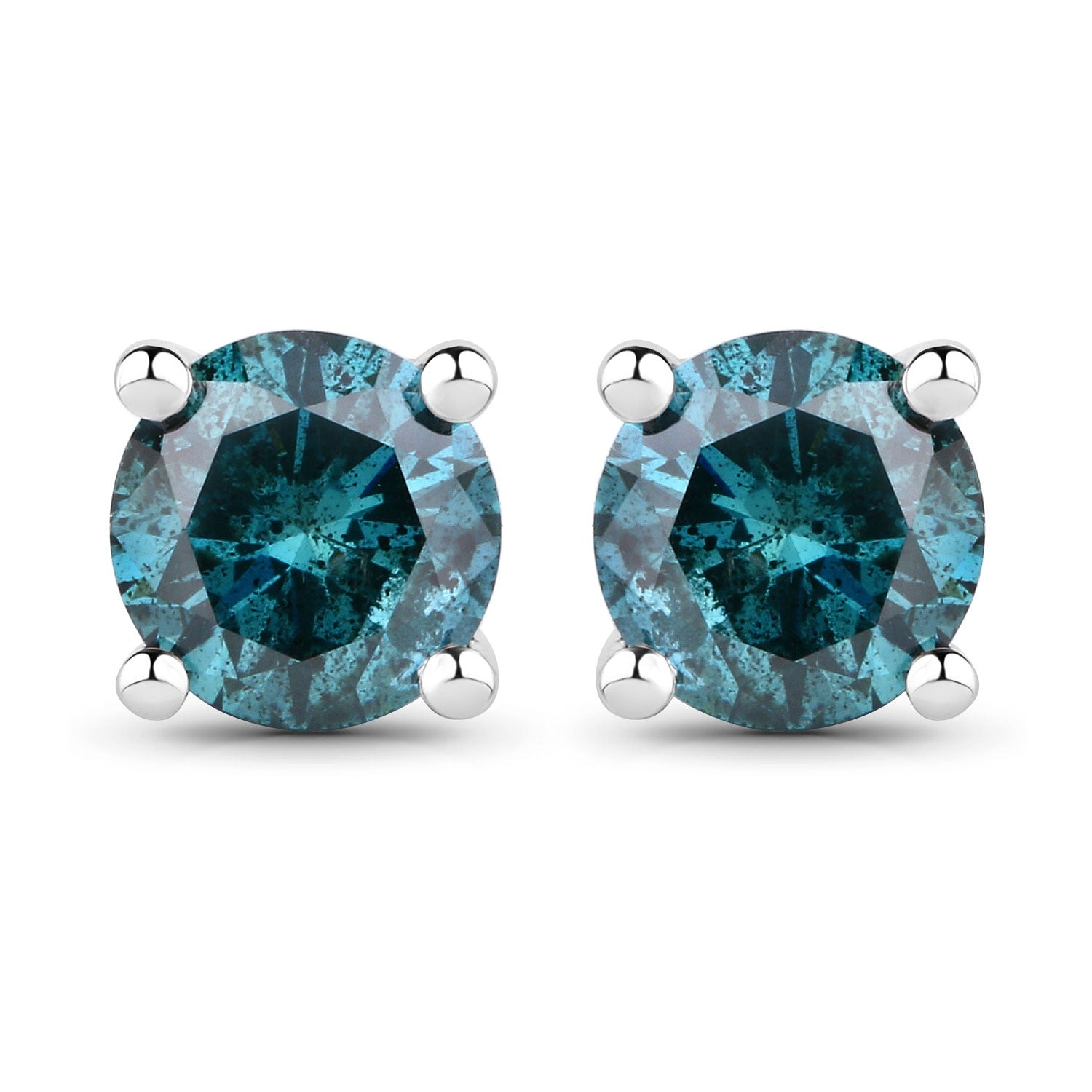 0.80 Cttw Round Teal Blue Diamond 14K Gold Solitaire Stud Earrings