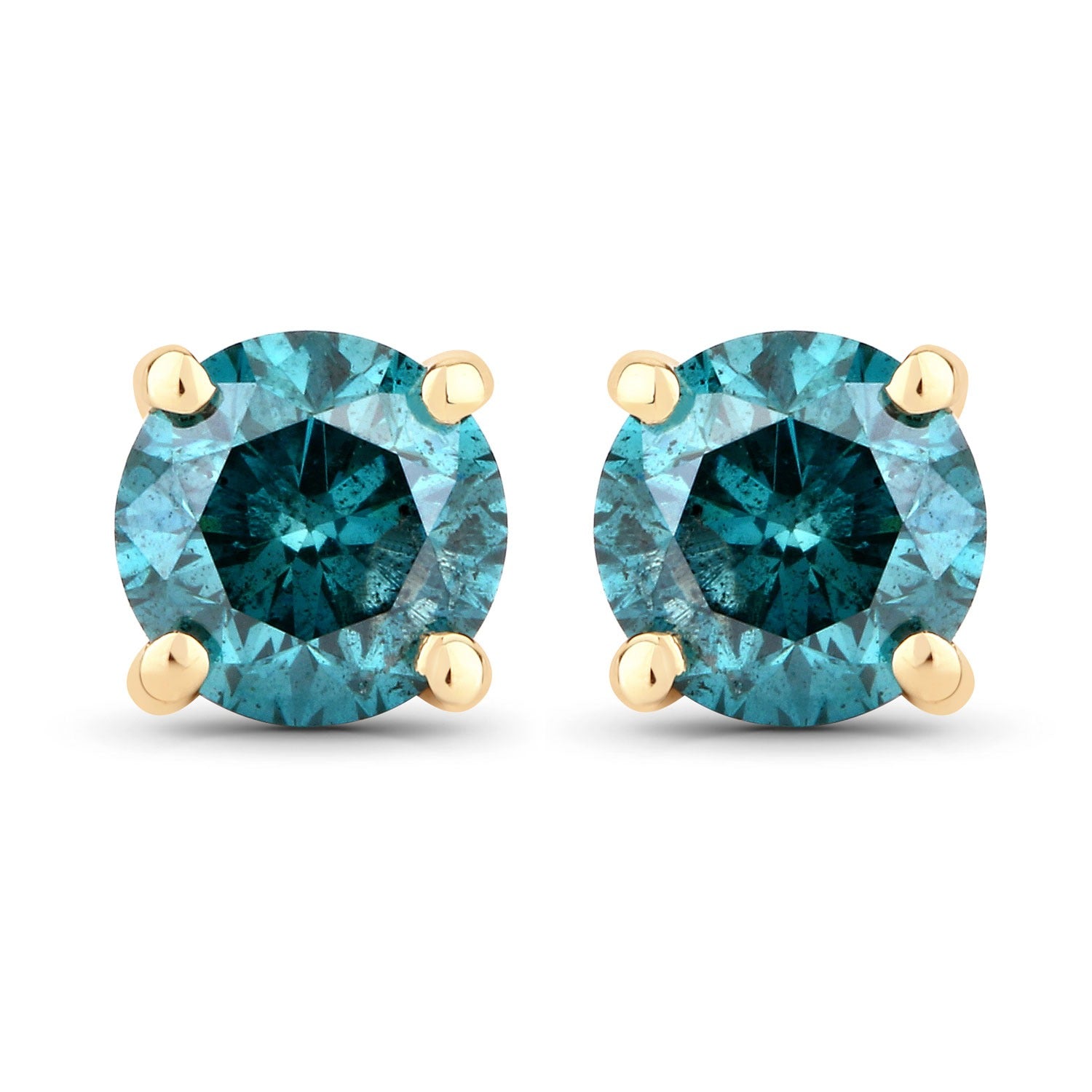 0.80 Cttw Round Teal Blue Diamond 14K Gold Solitaire Stud Earrings
