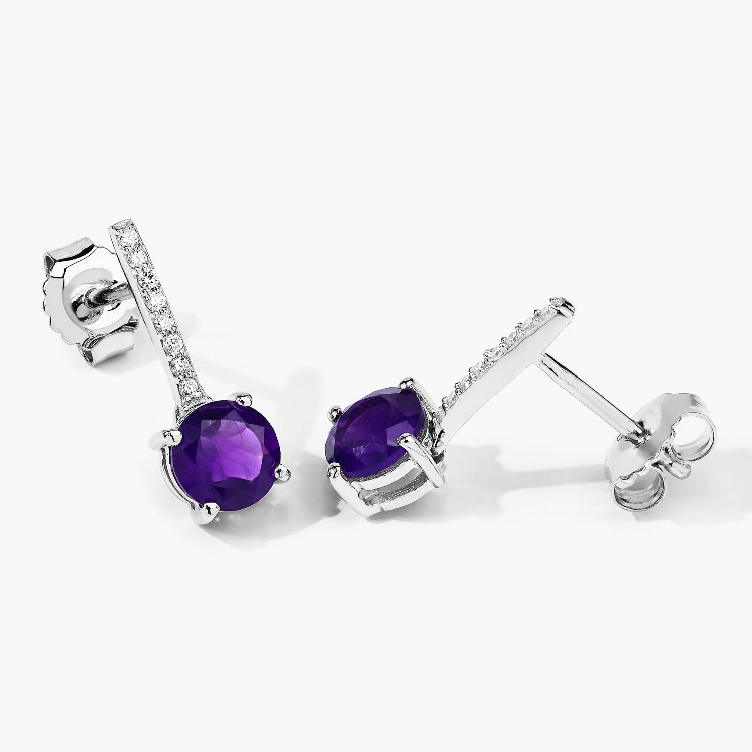 Genuine Amethyst and Diamond Silver Earrings