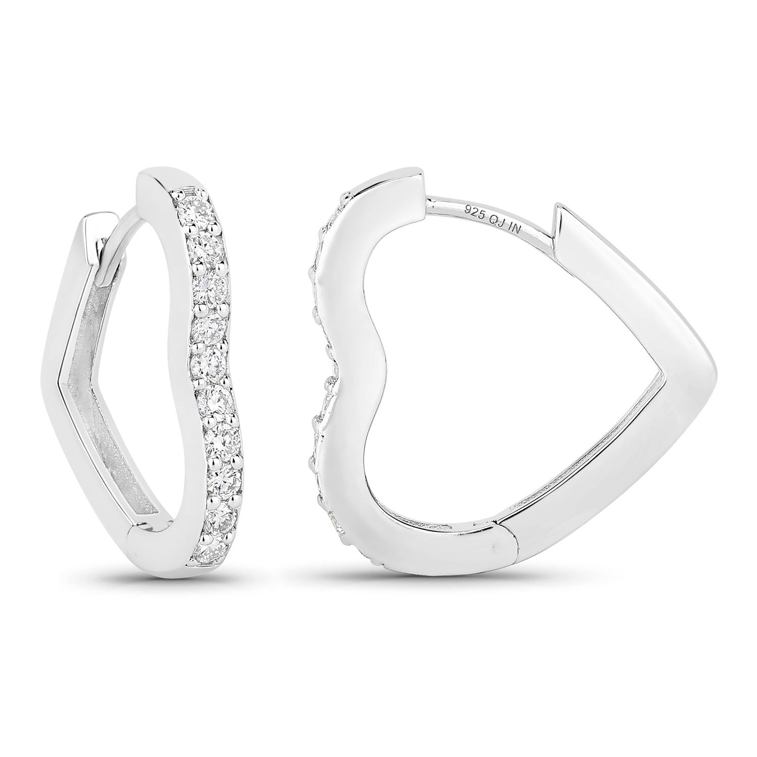 0.50 Cttw Round White Lab Diamond Prong Rhodium Plated Silver Heart Huggie Hoop Earrings