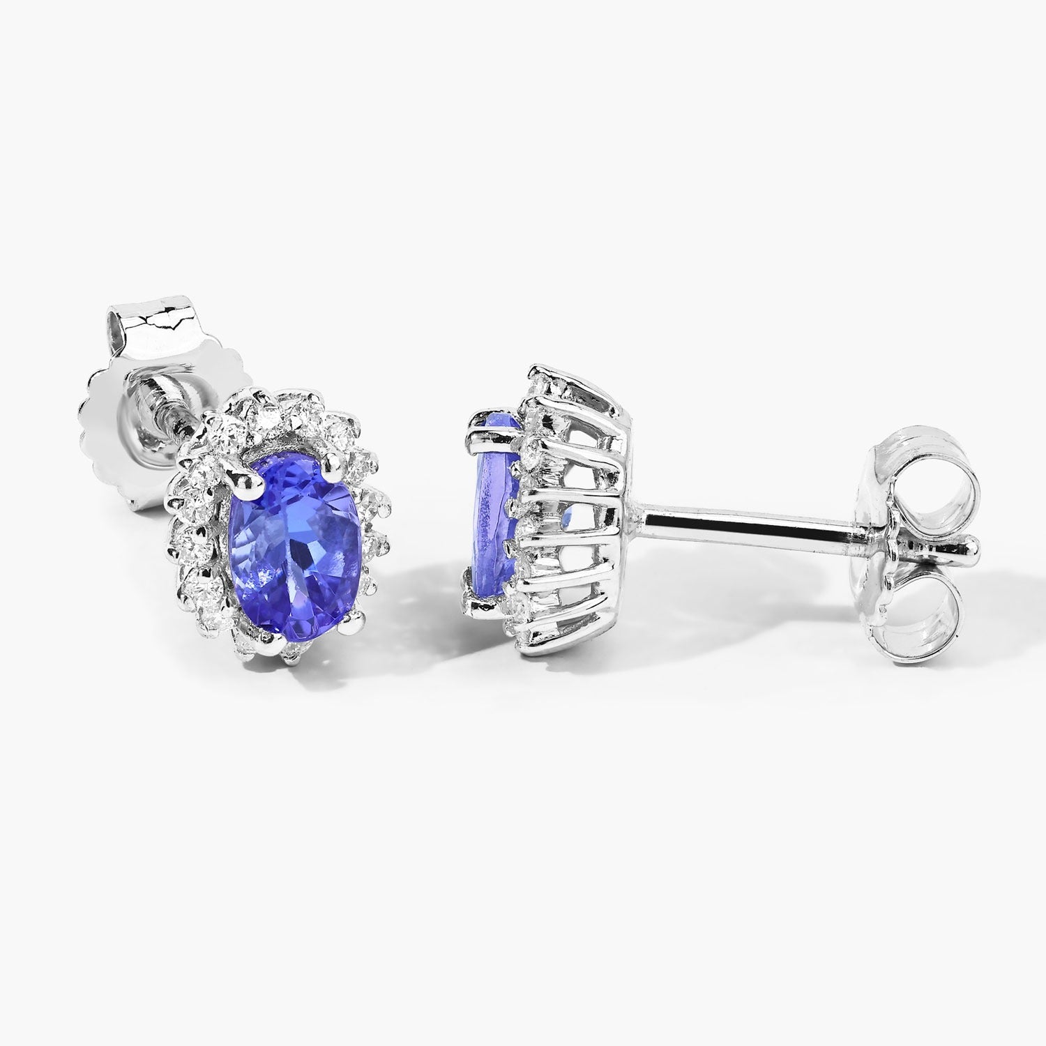Genuine Tanzanite Lab Diamond Silver Halo Earrings