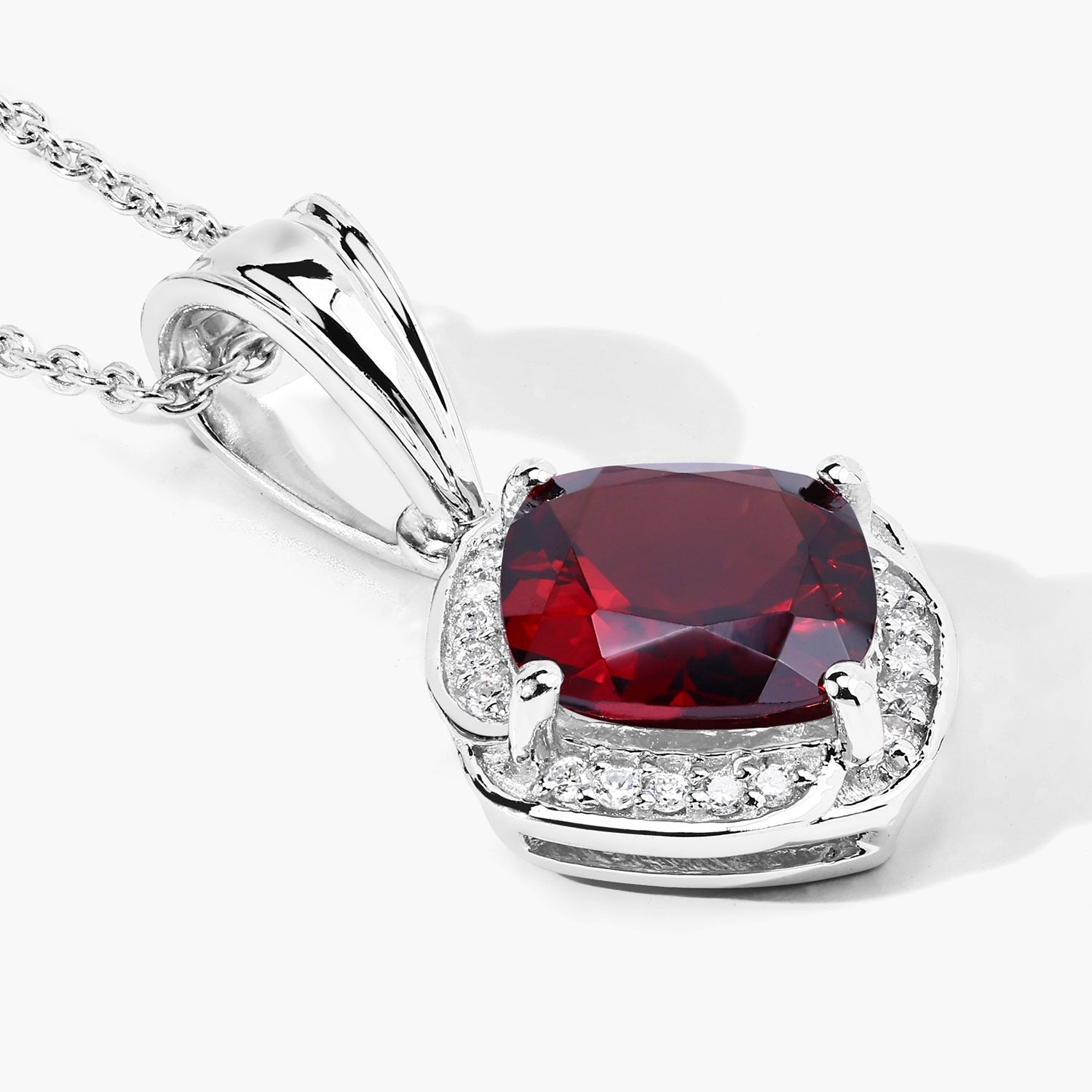 Genuine Red Garnet and Lab Diamond 925 Silver Necklace Fine Color Jewels