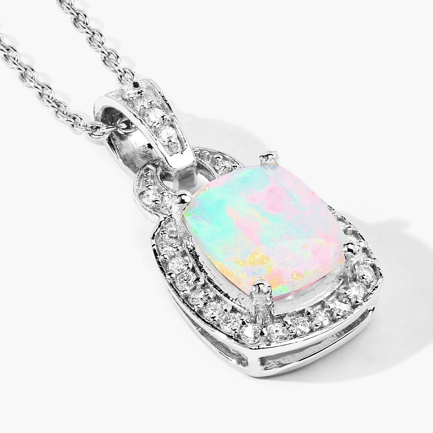 1.23 Ct Genuine Ethiopian Opal and Lab Diamond Silver Cushion Necklace